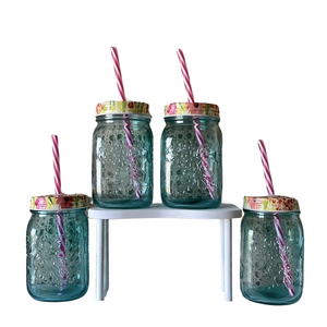 glass floral mason jar cups with lids and straws set of four